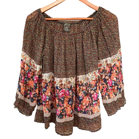 Anthropologie Fei Silk Floral Off The Shoulder Blouse Top Cottagecore Boho Med M - Picture 1 of 7